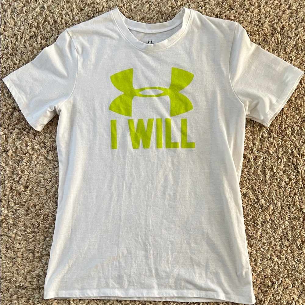 🔥4/$10 Under Armour White Tee with Bold Lime Green Graphic